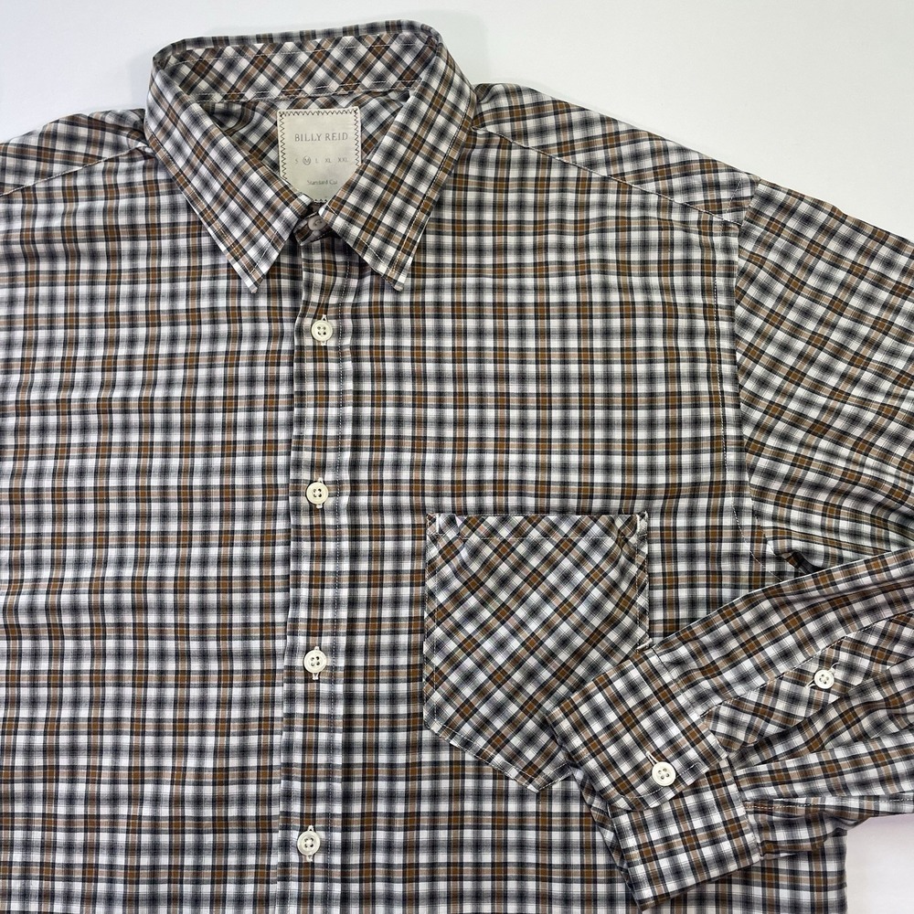 Billy Reid Button Shirt Men's Medium Long Sleeve Plaid Brown Black White